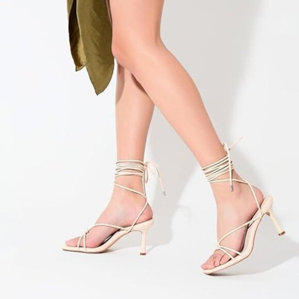 Shoe'N Tale Lace Up Heels Strappy Stilettos Tie Up Sandals Square Toe Size 7